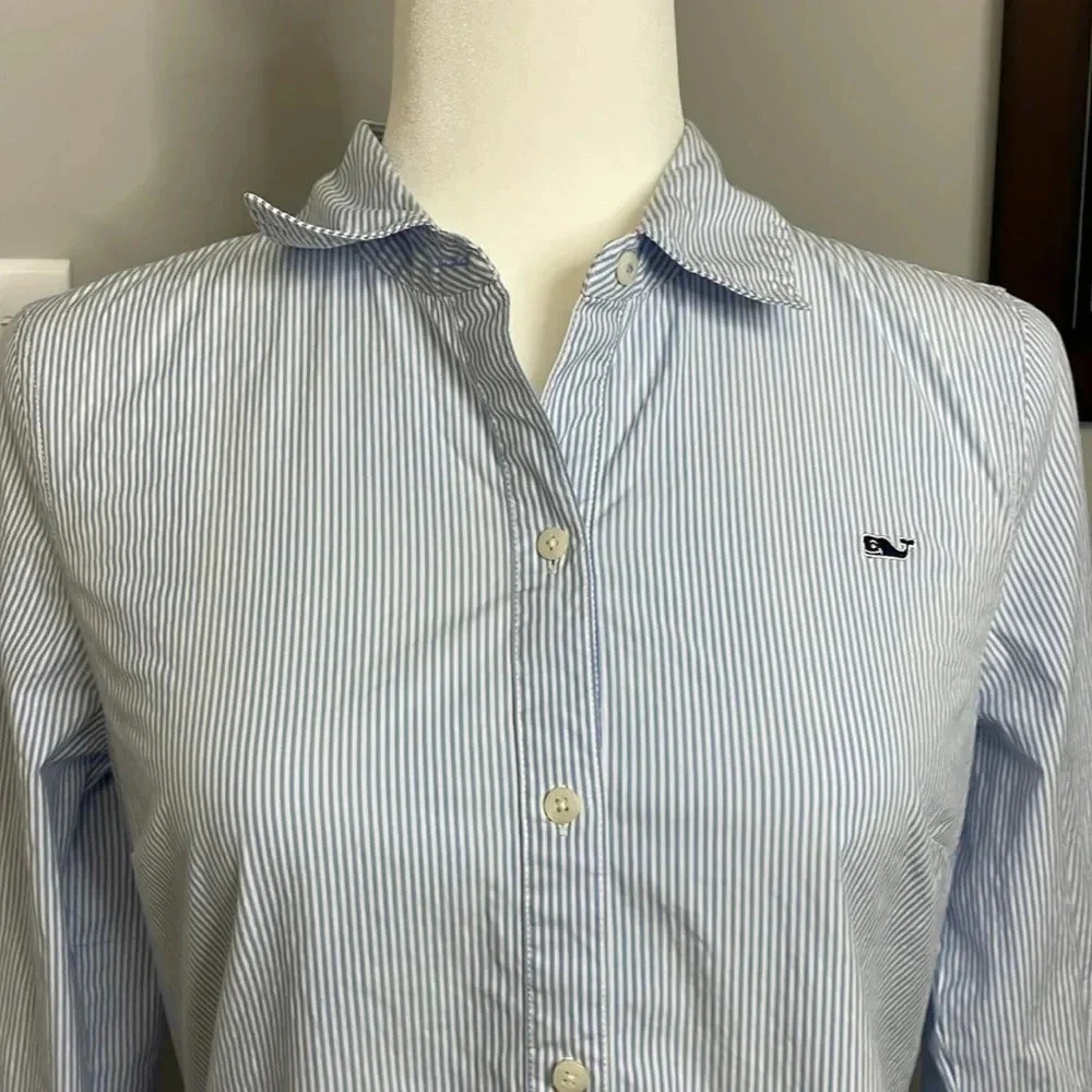 Vineyard Vines Womens Blue White Striped Classic Fit Button Down Shirt Size 4 - Picture 2 of 5